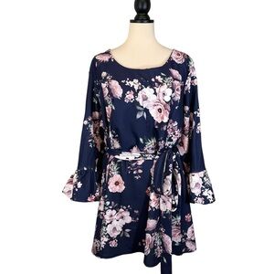 Yours London Blue Floral Print Blouse Flare Sleeve Belted Waist NWT 26/28 B32#32